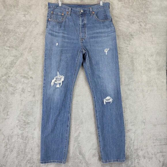 Levis 501 Jeans Womens 32 Blue Button Fly Distressed Denim Pants Straight Leg - Picture 1 of 13